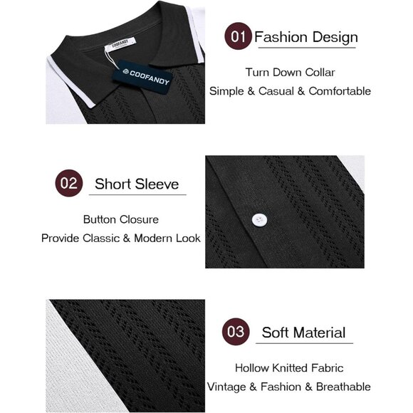 "Men's Retro Knit Button Down Polo Shirt Short Sleeve Casual Black White Top" - Picture 4 of 4